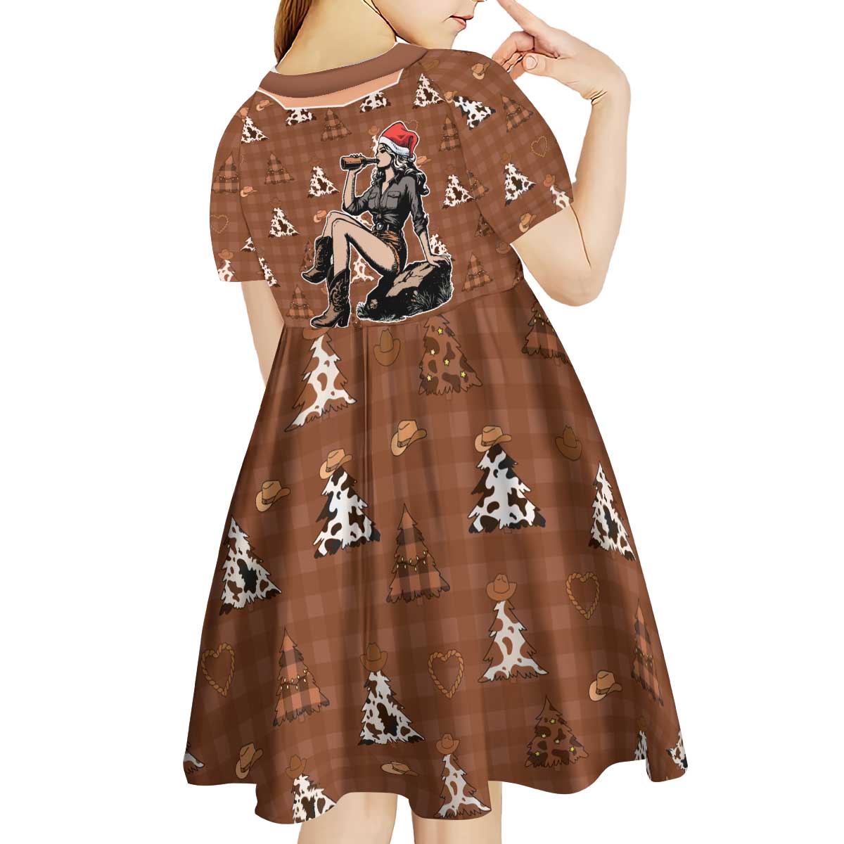 Western Yoke Kid Short Sleeve Dress Cowgirl Drinking Wine Christmas - Wonder Print Shop