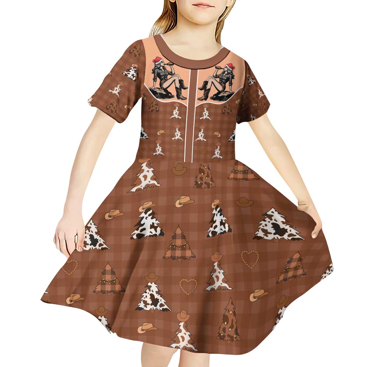 Western Yoke Kid Short Sleeve Dress Cowgirl Drinking Wine Christmas - Wonder Print Shop