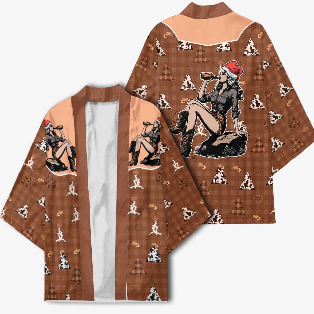 Western Yoke Kimono Cowgirl Drinking Wine Christmas - Wonder Print Shop