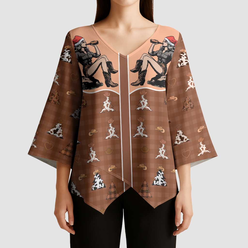 Western Yoke Kimono Sleeve Blouse Cowgirl Drinking Wine Christmas - Wonder Print Shop