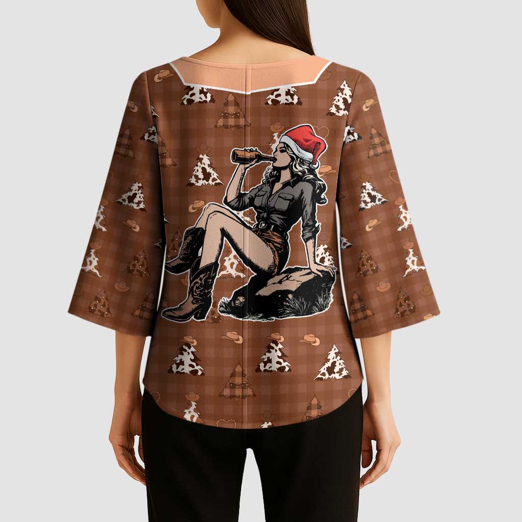 Western Yoke Kimono Sleeve Blouse Cowgirl Drinking Wine Christmas - Wonder Print Shop
