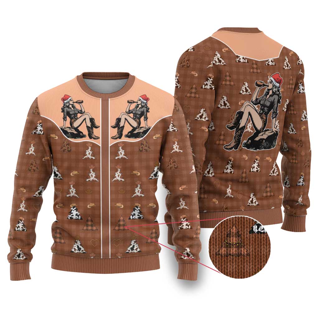 Western Yoke Ugly Christmas Sweater Cowgirl Drinking Wine Christmas - Wonder Print Shop