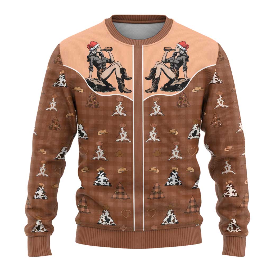 Western Yoke Ugly Christmas Sweater Cowgirl Drinking Wine Christmas - Wonder Print Shop