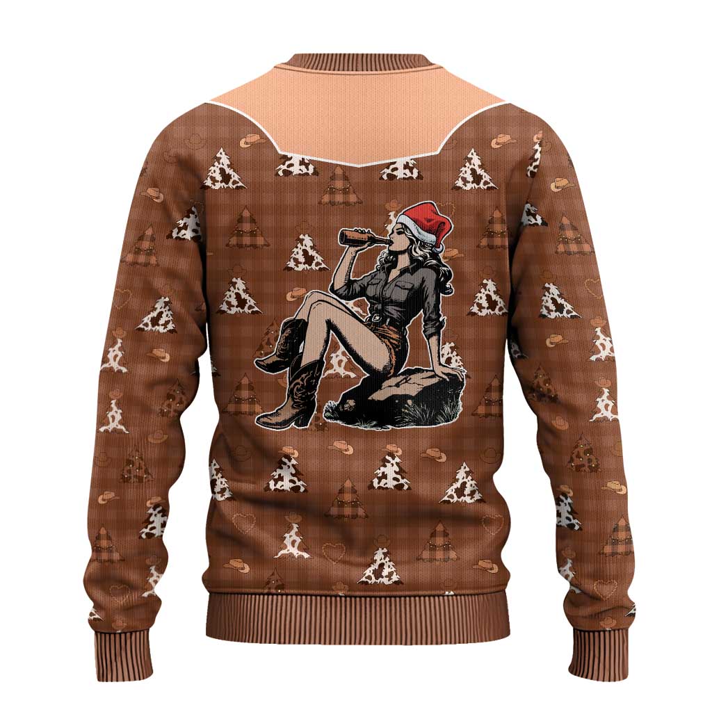Western Yoke Ugly Christmas Sweater Cowgirl Drinking Wine Christmas - Wonder Print Shop
