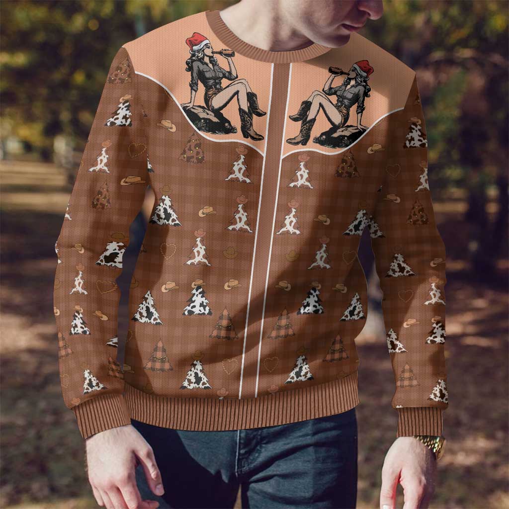 Western Yoke Ugly Christmas Sweater Cowgirl Drinking Wine Christmas - Wonder Print Shop