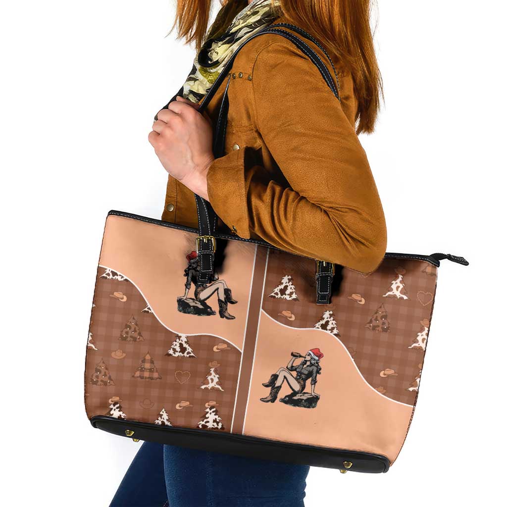 Western Yoke Leather Tote Bag Cowgirl Drinking Wine Christmas - Wonder Print Shop