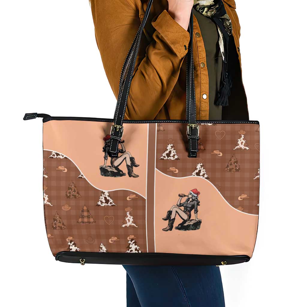 Western Yoke Leather Tote Bag Cowgirl Drinking Wine Christmas - Wonder Print Shop