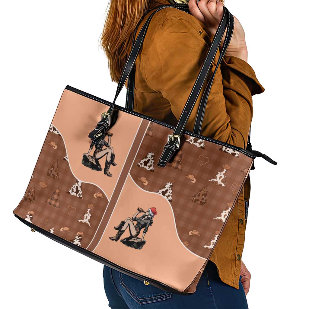 Western Yoke Leather Tote Bag Cowgirl Drinking Wine Christmas - Wonder Print Shop