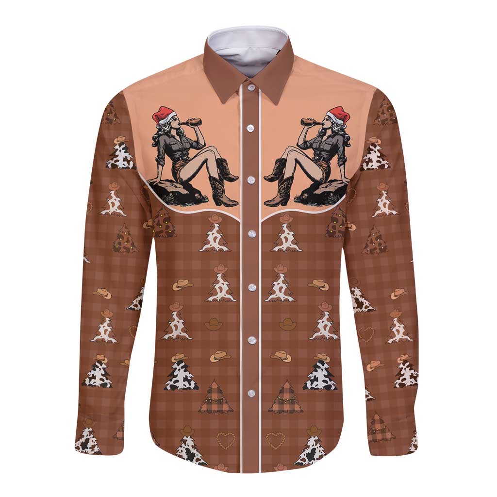 Western Yoke Long Sleeve Button Shirt Cowgirl Drinking Wine Christmas - Wonder Print Shop