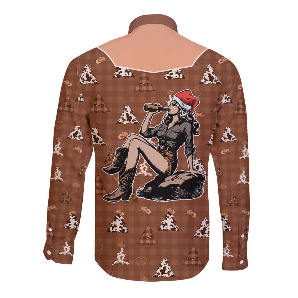 Western Yoke Long Sleeve Button Shirt Cowgirl Drinking Wine Christmas - Wonder Print Shop