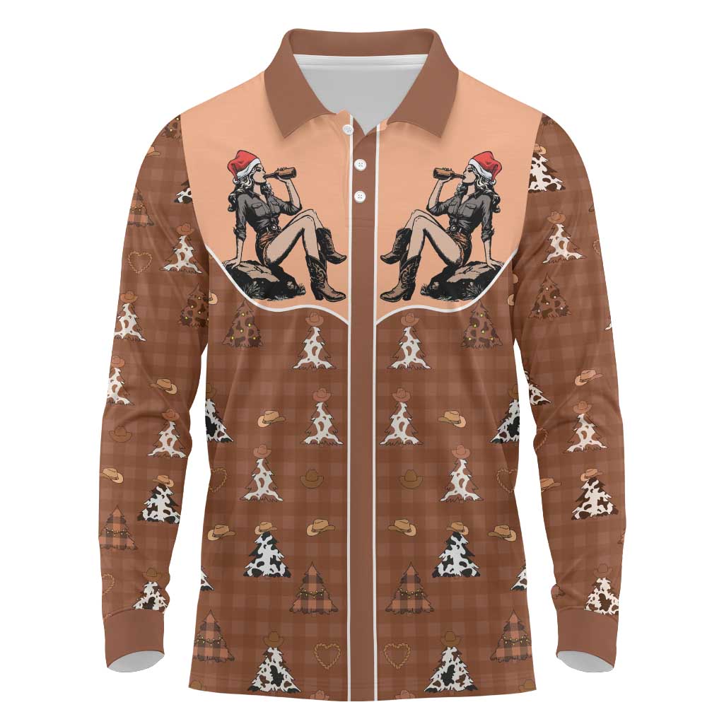 Western Yoke Long Sleeve Polo Shirt Cowgirl Drinking Wine Christmas - Wonder Print Shop