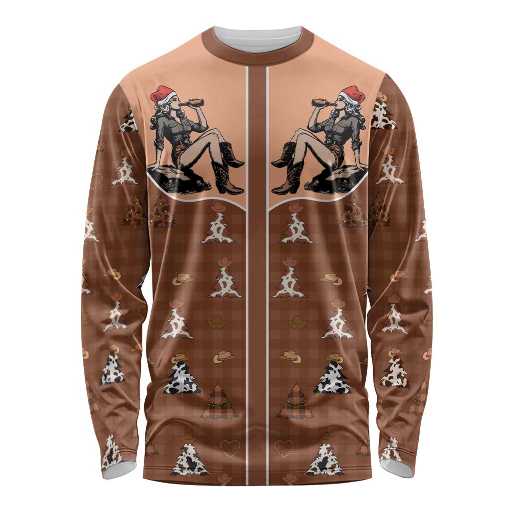 Western Yoke Long Sleeve Shirt Cowgirl Drinking Wine Christmas - Wonder Print Shop