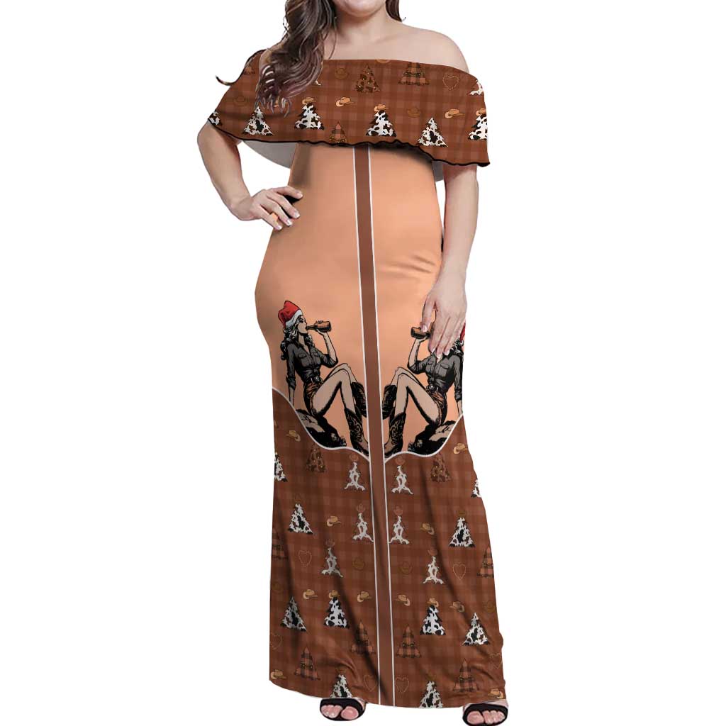 Western Yoke Off Shoulder Maxi Dress Cowgirl Drinking Wine Christmas - Wonder Print Shop