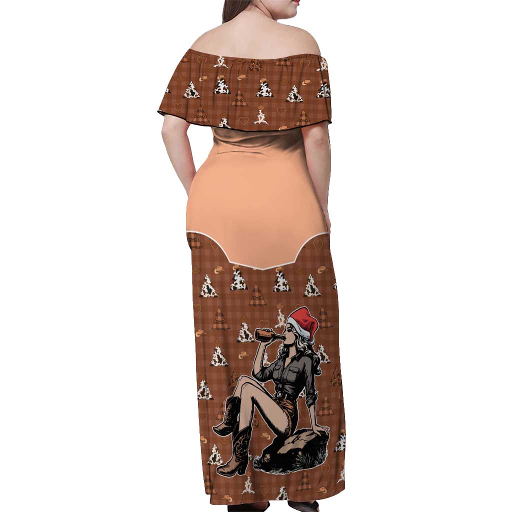 Western Yoke Off Shoulder Maxi Dress Cowgirl Drinking Wine Christmas - Wonder Print Shop
