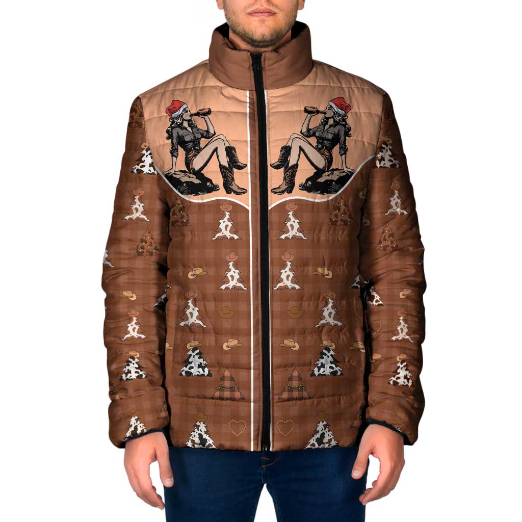 Western Yoke Padded Jacket Cowgirl Drinking Wine Christmas - Wonder Print Shop