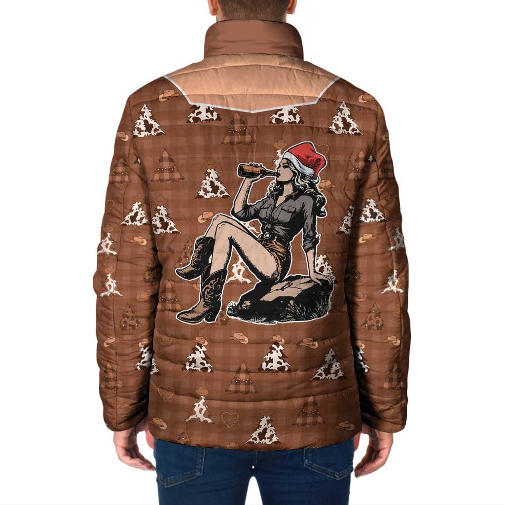 Western Yoke Padded Jacket Cowgirl Drinking Wine Christmas - Wonder Print Shop