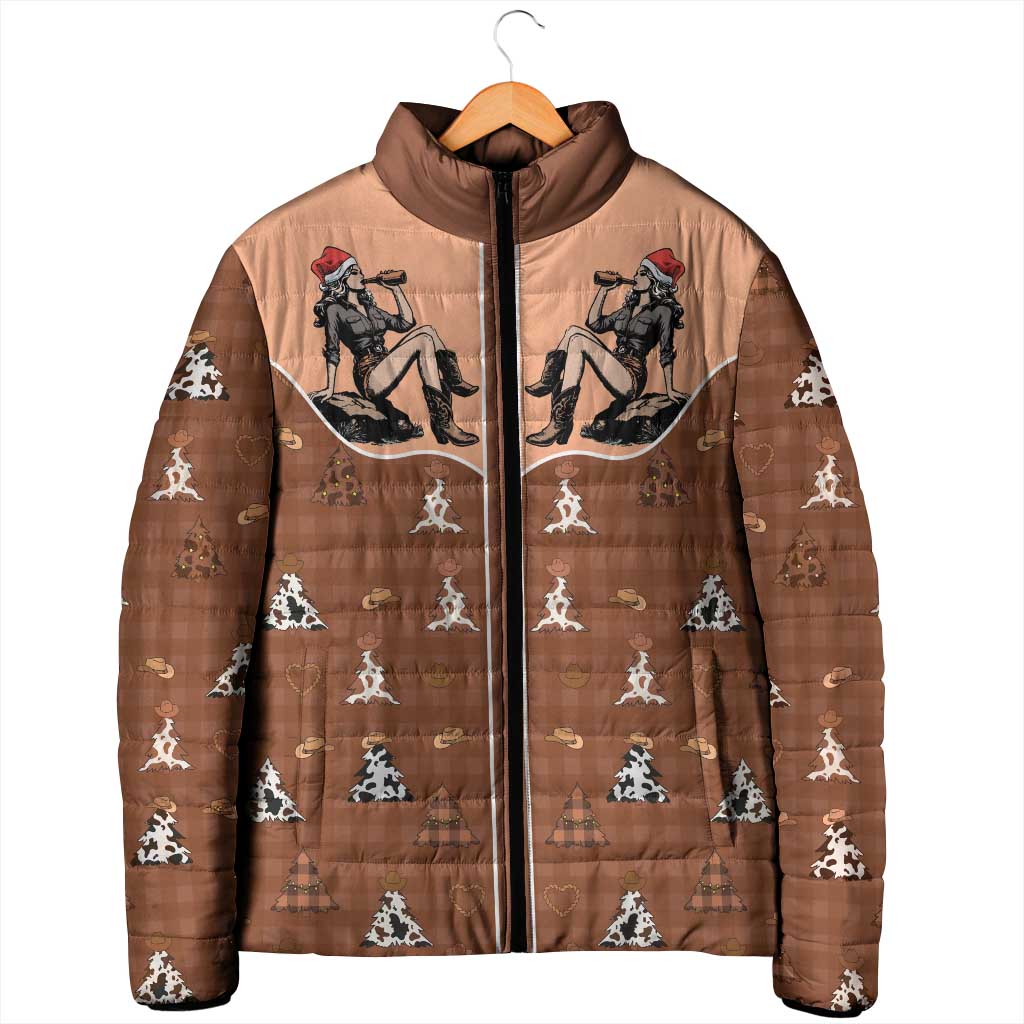 Western Yoke Padded Jacket Cowgirl Drinking Wine Christmas - Wonder Print Shop