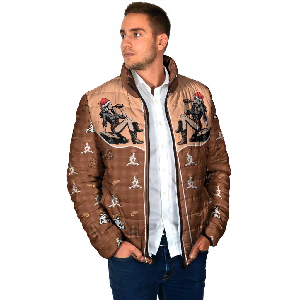 Western Yoke Padded Jacket Cowgirl Drinking Wine Christmas - Wonder Print Shop