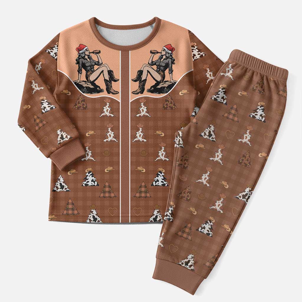 Western Yoke Christmas Pajama Set Cowgirl Drinking Wine Christmas - Wonder Print Shop