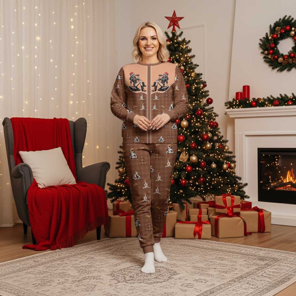 Western Yoke Christmas Pajama Set Cowgirl Drinking Wine Christmas - Wonder Print Shop