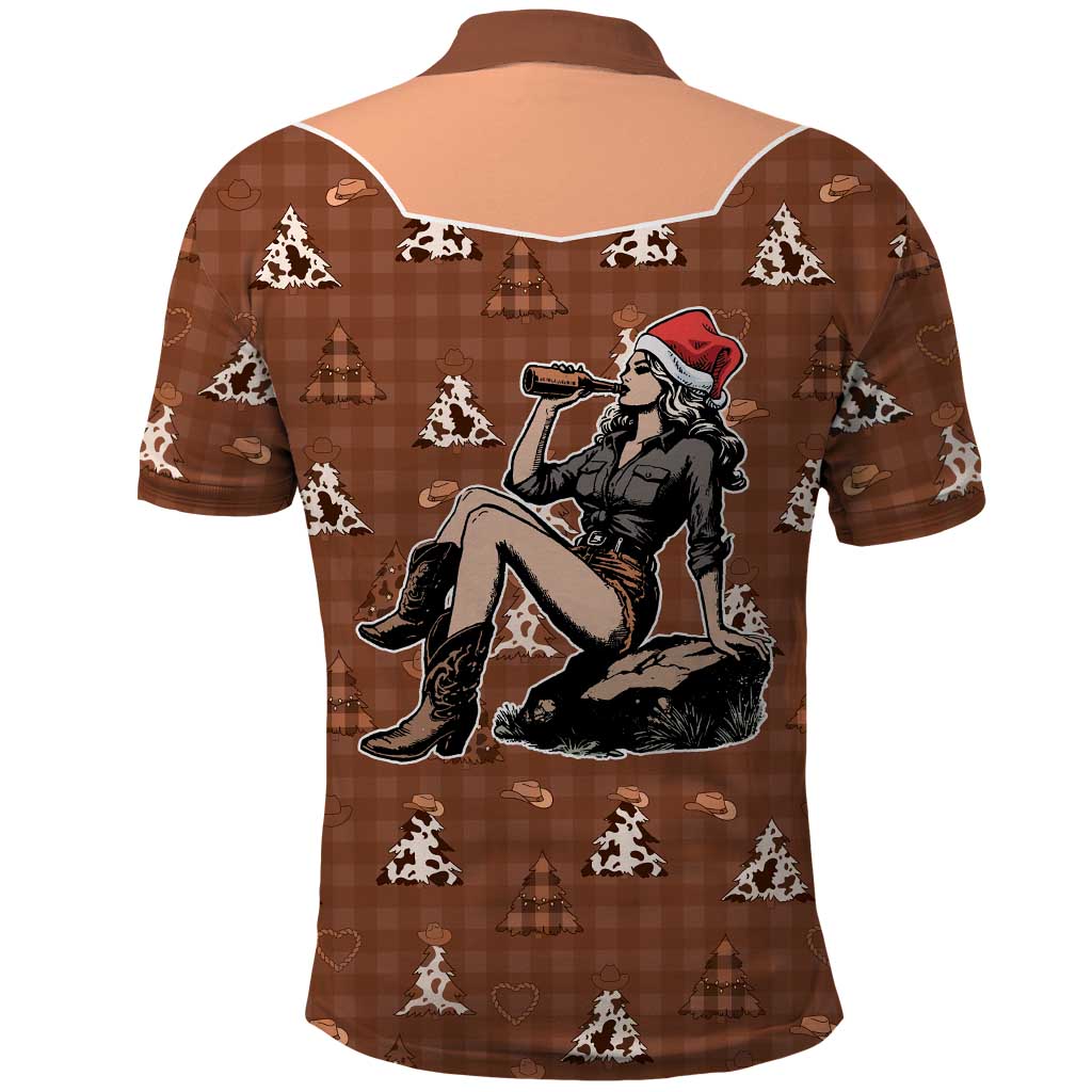 Western Yoke Polo Shirt Cowgirl Drinking Wine Christmas - Wonder Print Shop