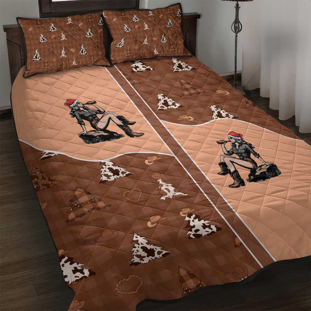 Western Yoke Quilt Bed Set Cowgirl Drinking Wine Christmas - Wonder Print Shop