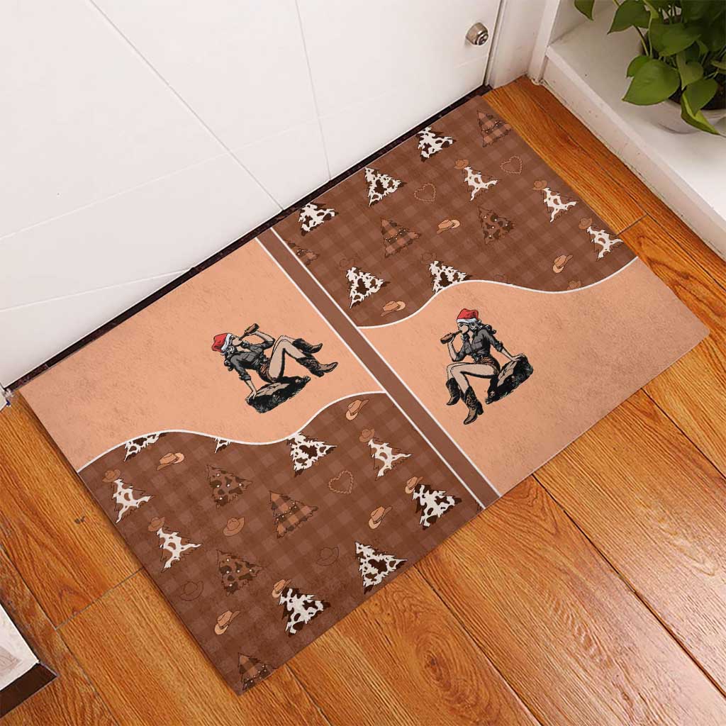 Western Yoke Rubber Doormat Cowgirl Drinking Wine Christmas - Wonder Print Shop