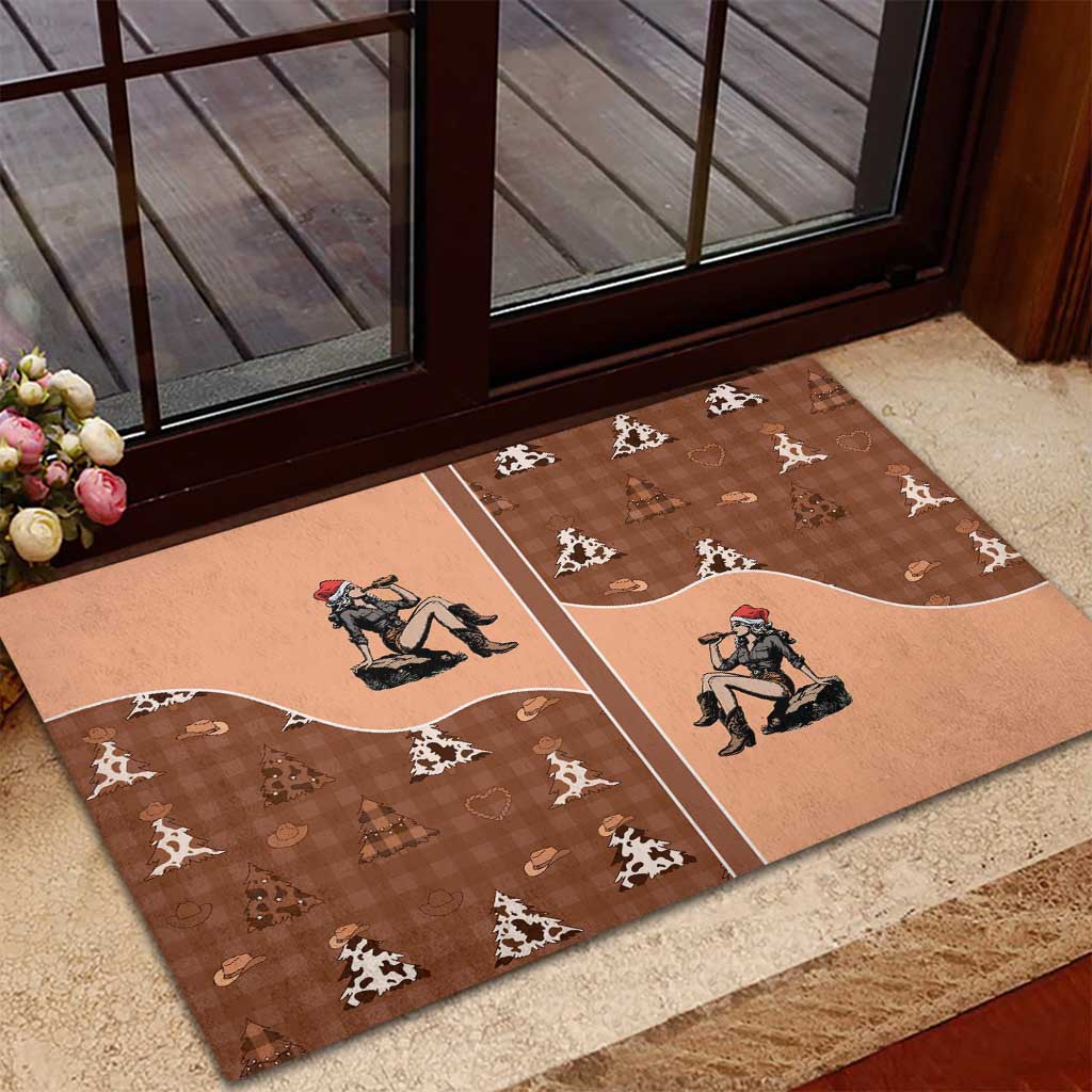 Western Yoke Rubber Doormat Cowgirl Drinking Wine Christmas - Wonder Print Shop