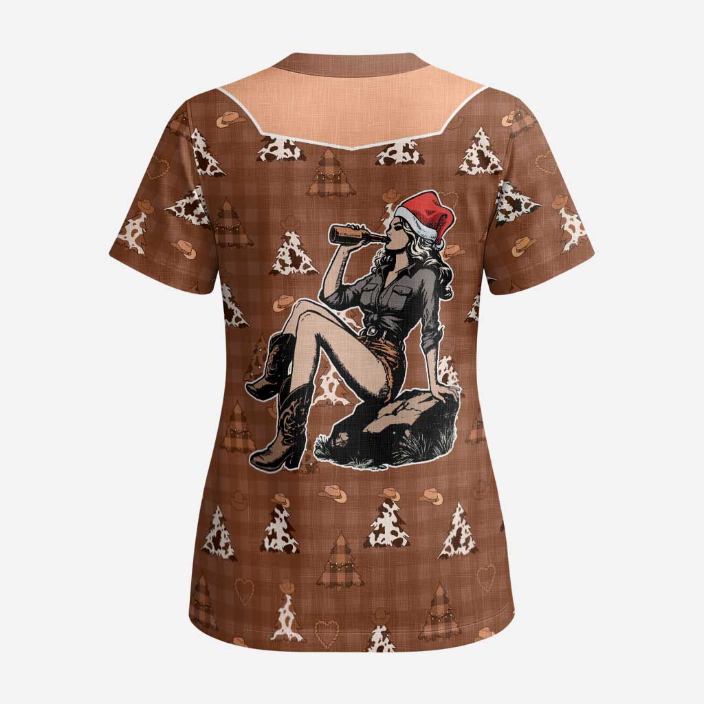 Western Yoke Scrub Top Cowgirl Drinking Wine Christmas - Wonder Print Shop