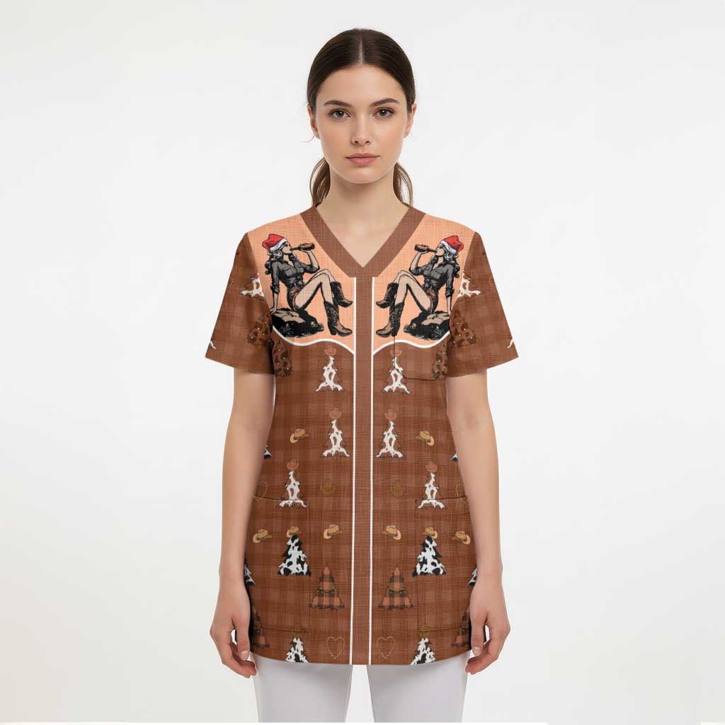 Western Yoke Scrub Top Cowgirl Drinking Wine Christmas - Wonder Print Shop
