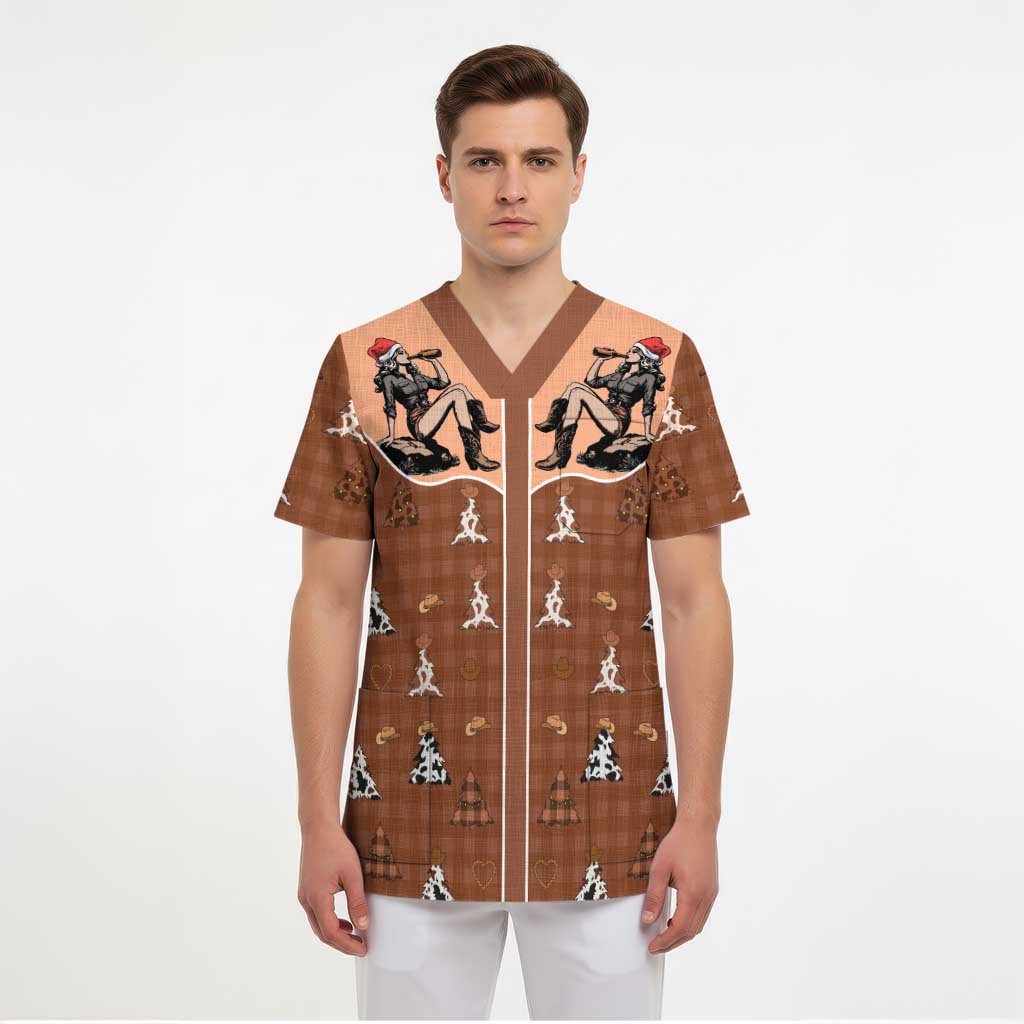 Western Yoke Scrub Top Cowgirl Drinking Wine Christmas - Wonder Print Shop