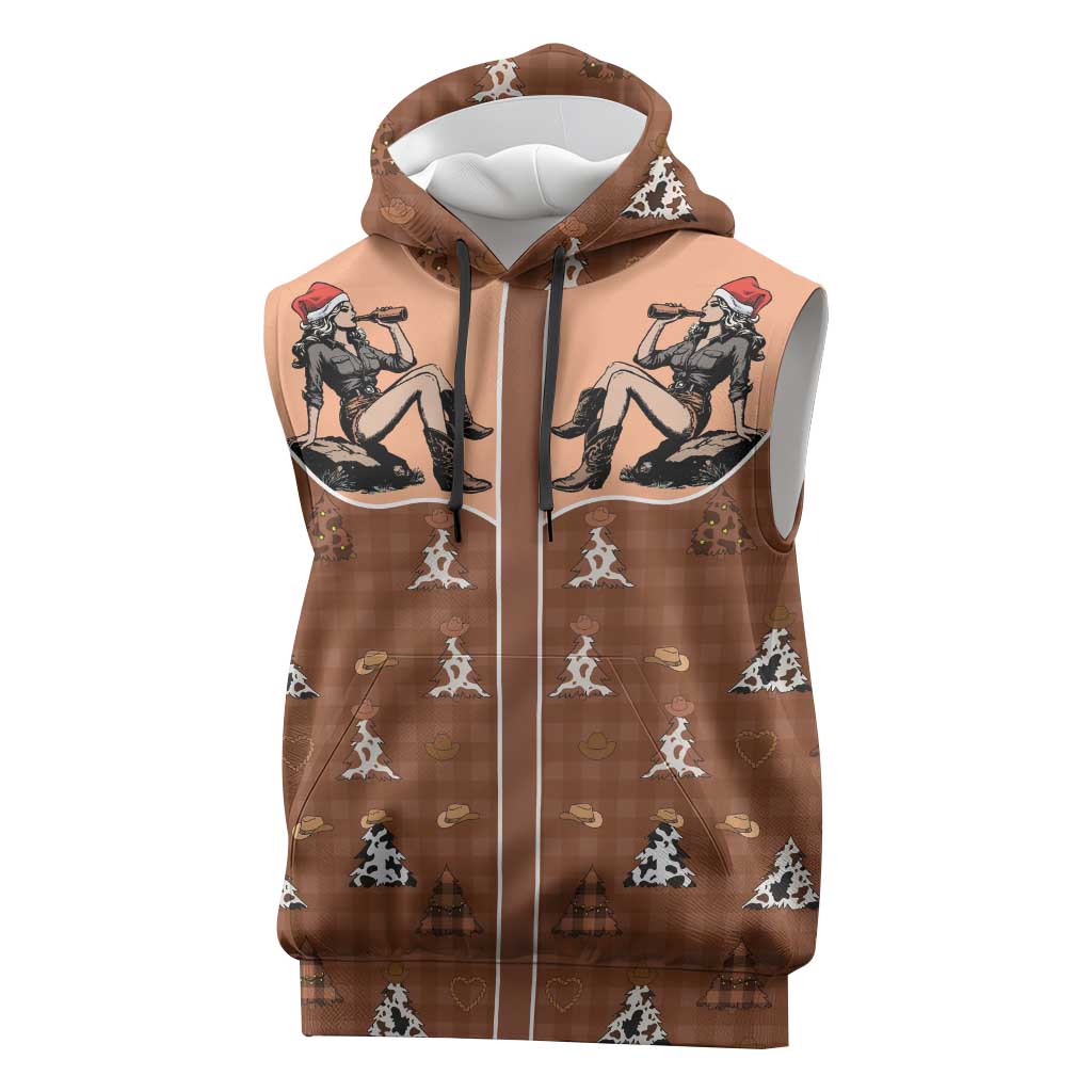 Western Yoke Sleeveless Hoodie Cowgirl Drinking Wine Christmas - Wonder Print Shop