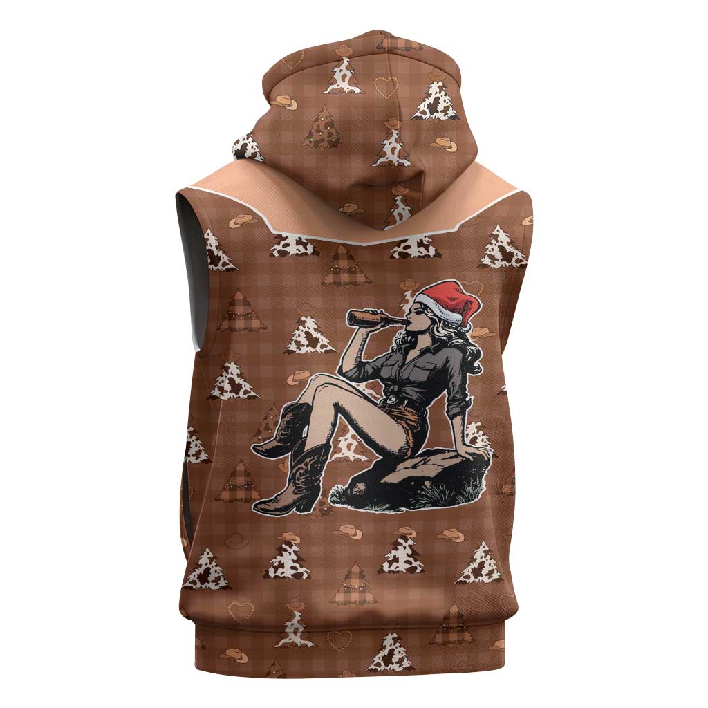 Western Yoke Sleeveless Hoodie Cowgirl Drinking Wine Christmas - Wonder Print Shop