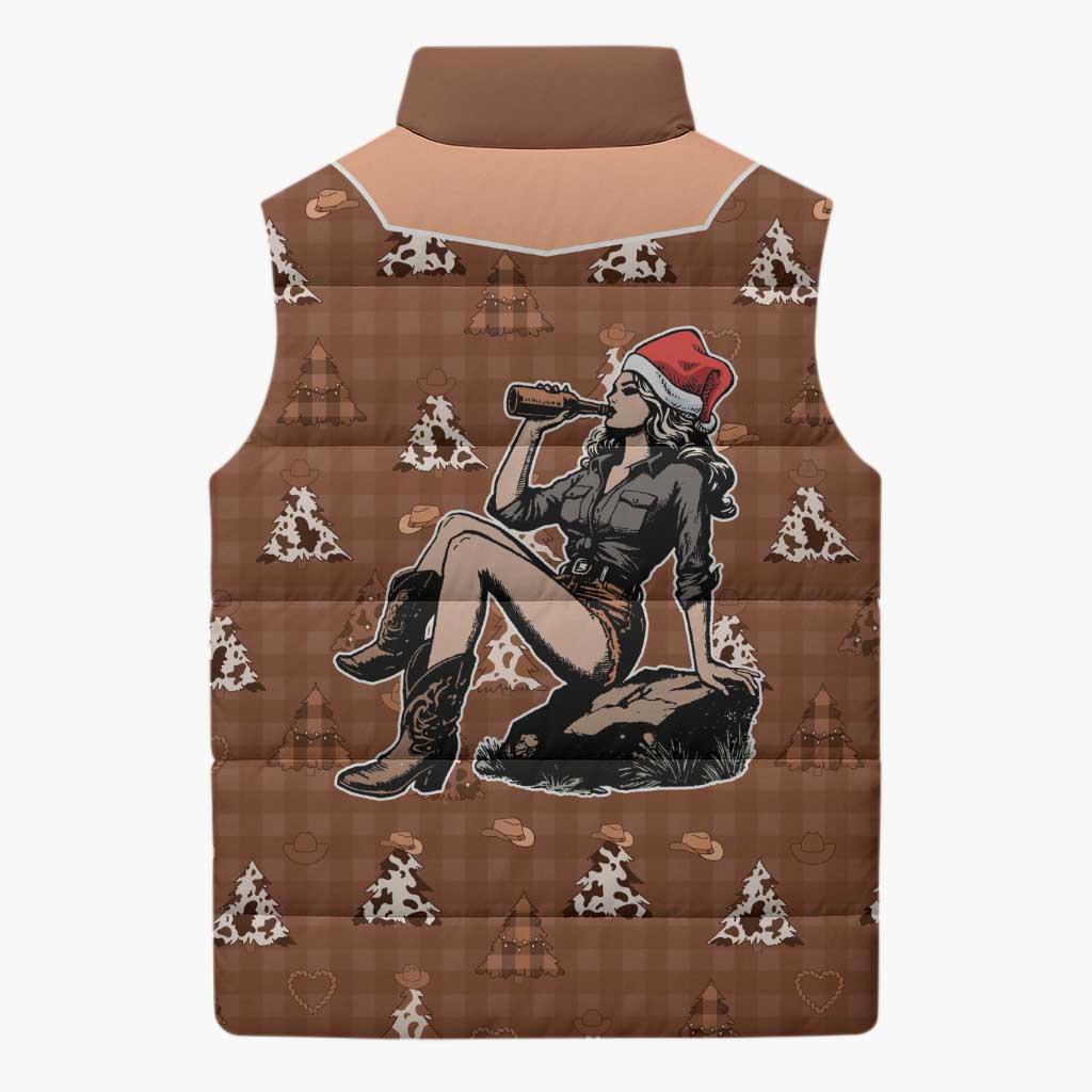 Western Yoke Sleeveless Puffer Jacket Cowgirl Drinking Wine Christmas - Wonder Print Shop