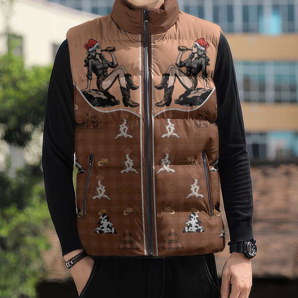 Western Yoke Sleeveless Puffer Jacket Cowgirl Drinking Wine Christmas - Wonder Print Shop