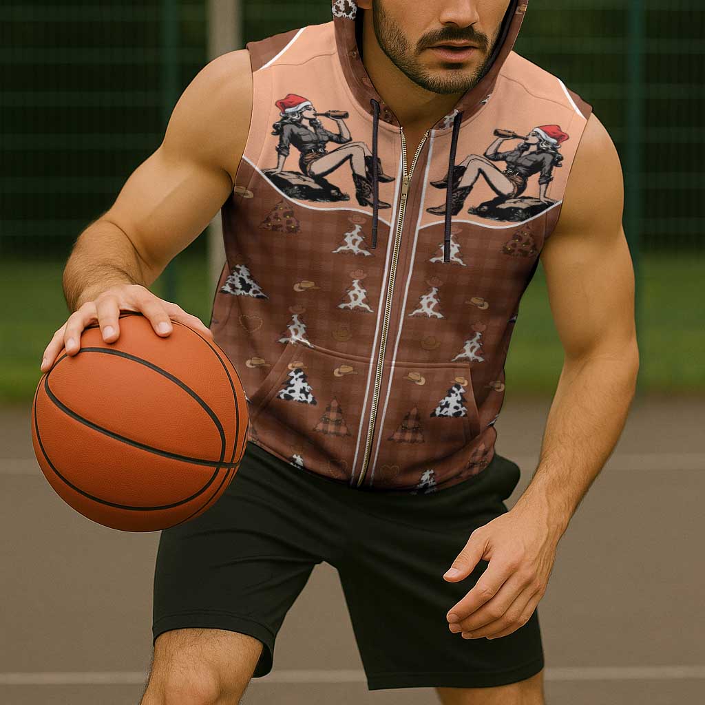 Western Yoke Sleeveless Zip Hoodie Cowgirl Drinking Wine Christmas - Wonder Print Shop