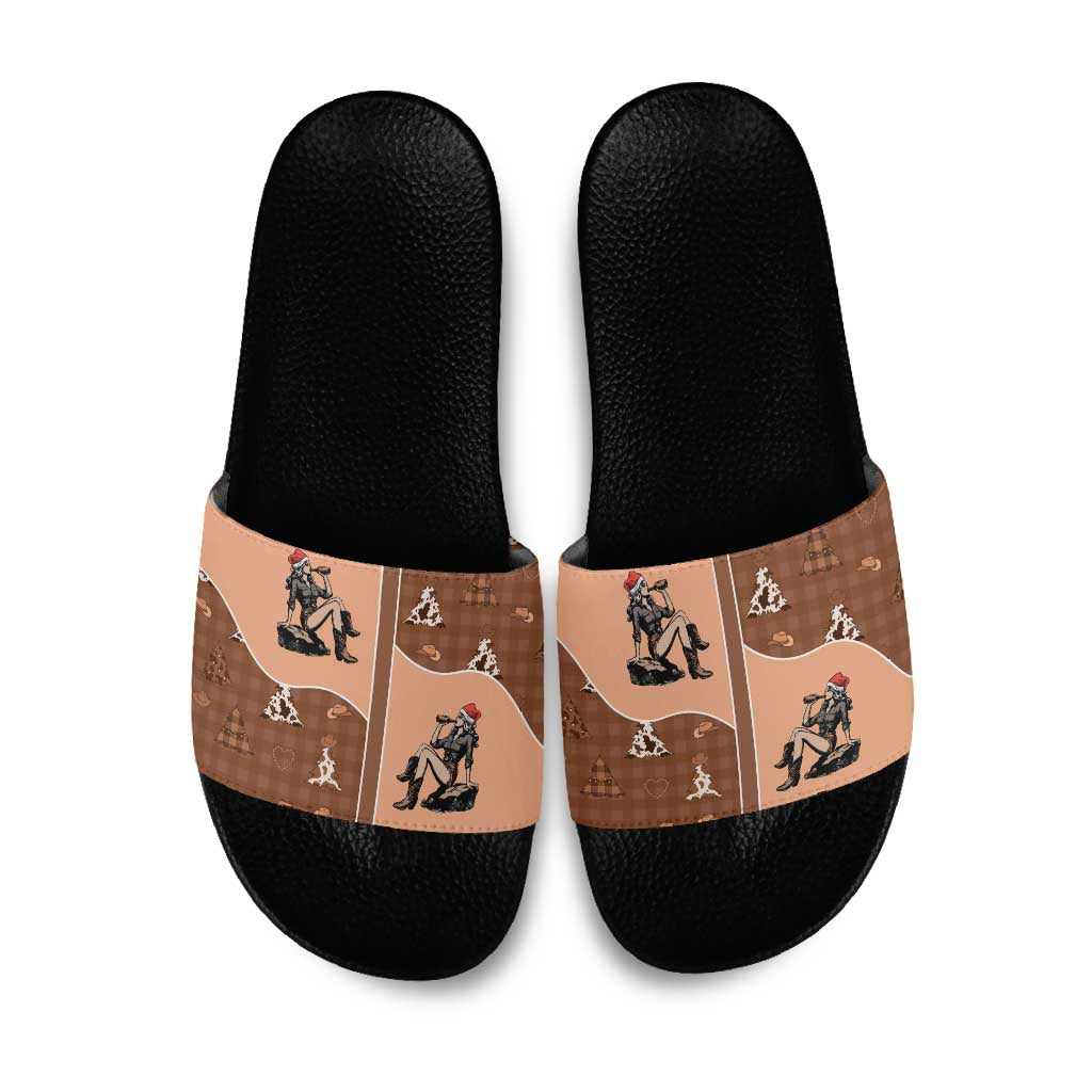 Western Yoke Slide Sandals Cowgirl Drinking Wine Christmas - Wonder Print Shop