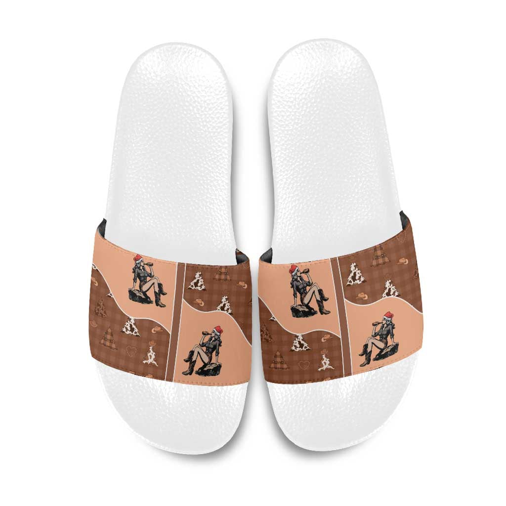 Western Yoke Slide Sandals Cowgirl Drinking Wine Christmas - Wonder Print Shop