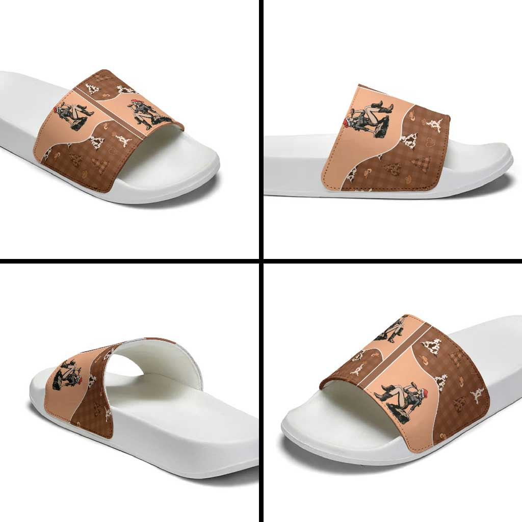 Western Yoke Slide Sandals Cowgirl Drinking Wine Christmas - Wonder Print Shop