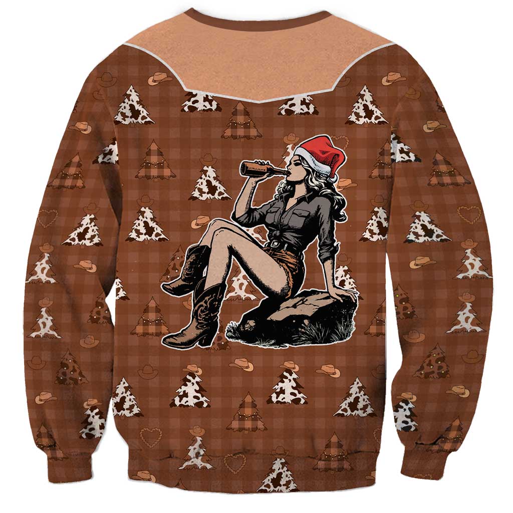 Western Yoke Sweatshirt Cowgirl Drinking Wine Christmas - Wonder Print Shop