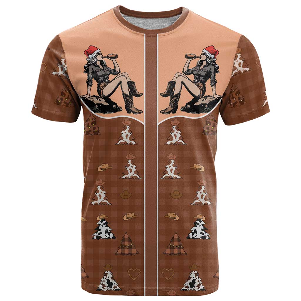 Western Yoke T Shirt Cowgirl Drinking Wine Christmas - Wonder Print Shop