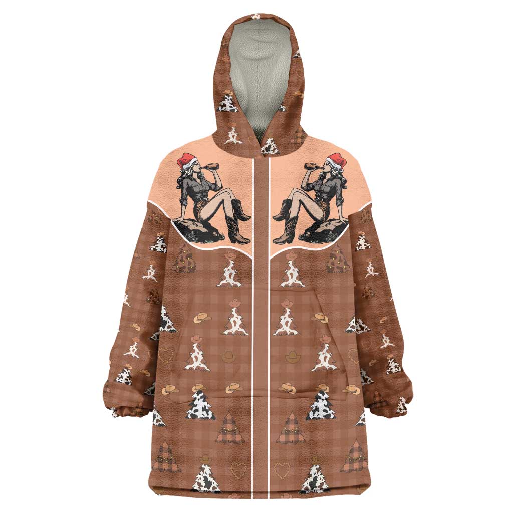 Western Yoke Wearable Blanket Hoodie Cowgirl Drinking Wine Christmas - Wonder Print Shop