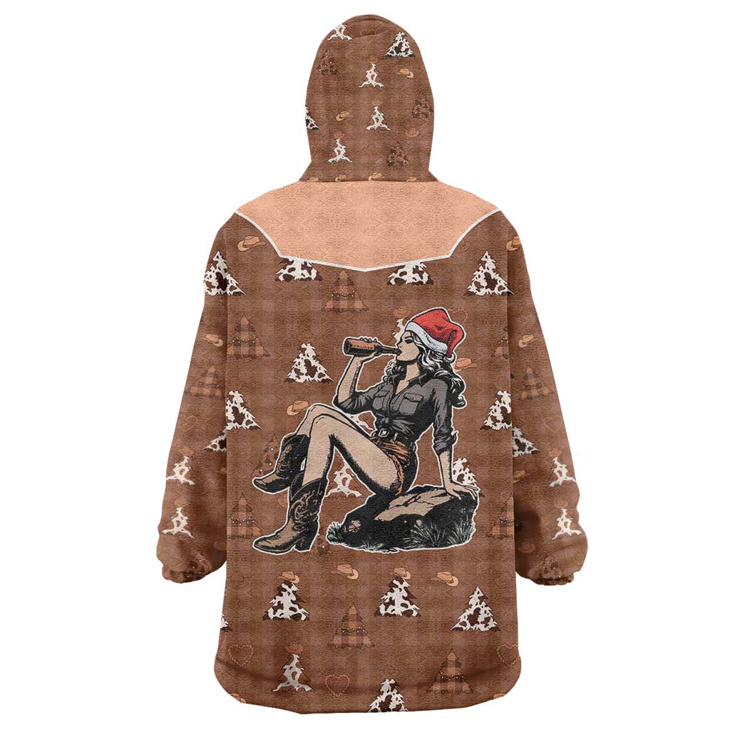 Western Yoke Wearable Blanket Hoodie Cowgirl Drinking Wine Christmas - Wonder Print Shop