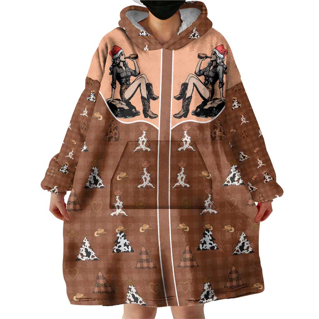 Western Yoke Wearable Blanket Hoodie Cowgirl Drinking Wine Christmas - Wonder Print Shop