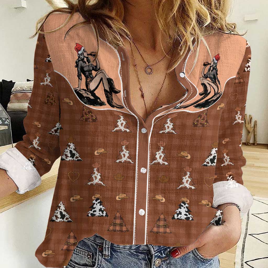 Western Yoke Women Casual Shirt Cowgirl Drinking Wine Christmas - Wonder Print Shop