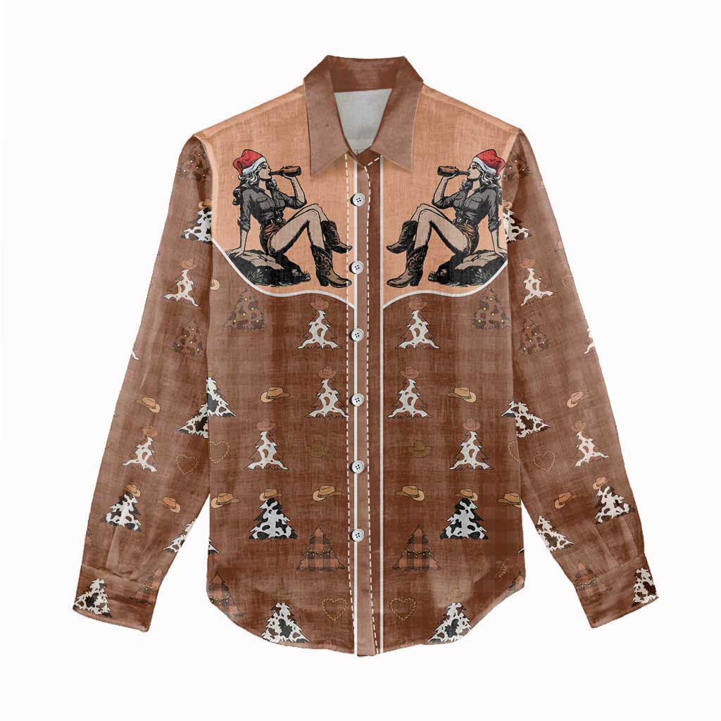 Western Yoke Women Casual Shirt Cowgirl Drinking Wine Christmas - Wonder Print Shop