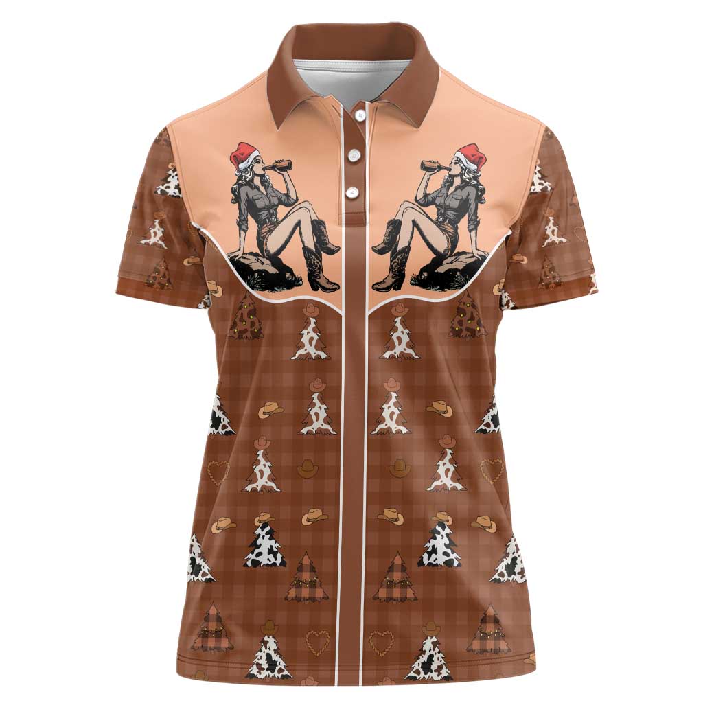 Western Yoke Women Polo Shirt Cowgirl Drinking Wine Christmas - Wonder Print Shop