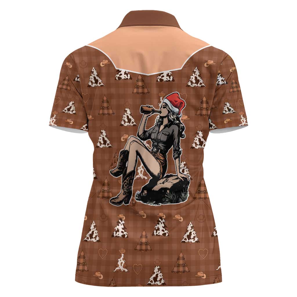 Western Yoke Women Polo Shirt Cowgirl Drinking Wine Christmas - Wonder Print Shop