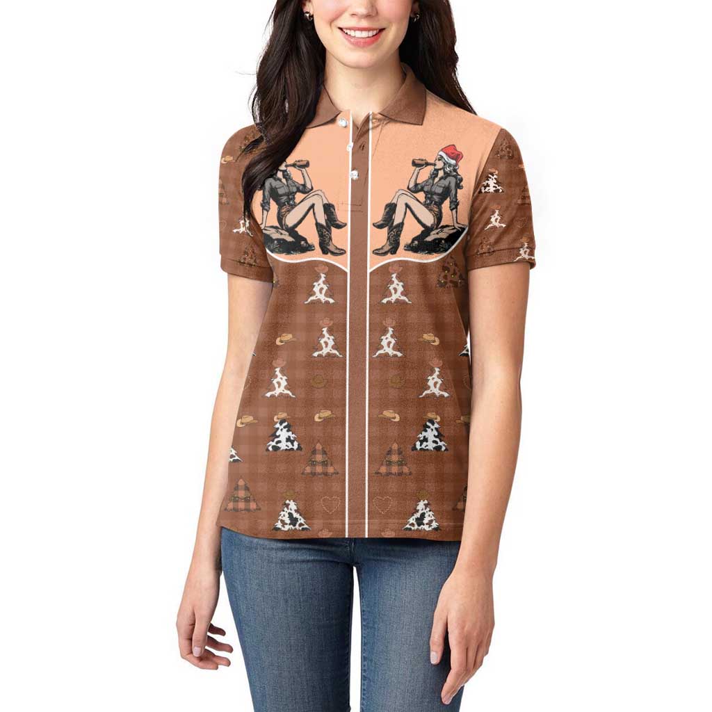 Western Yoke Women Polo Shirt Cowgirl Drinking Wine Christmas - Wonder Print Shop