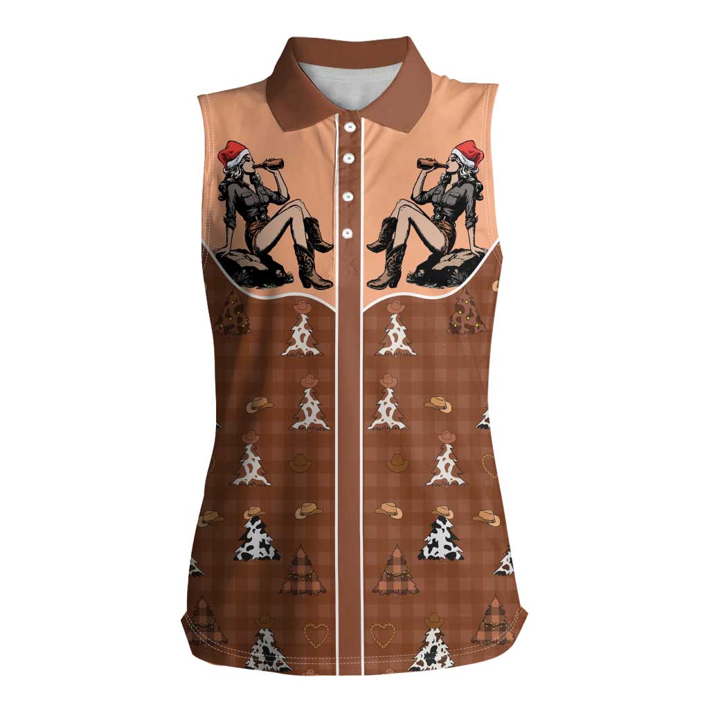 Western Yoke Women Sleeveless Polo Shirt Cowgirl Drinking Wine Christmas - Wonder Print Shop